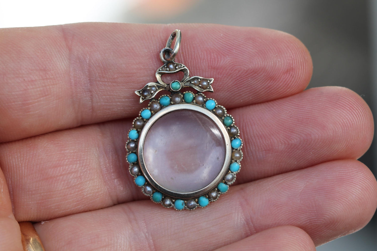 Antique Edwardian 9ct Gold Murrle Bennett Turquoise & Pearl Locket Pendant c.1900 — view 5