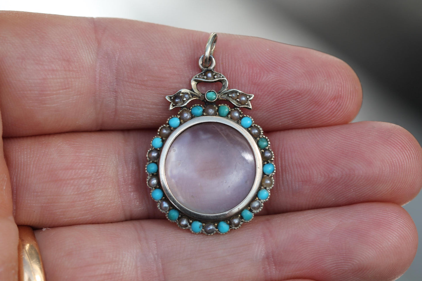 Antique Edwardian 9ct Gold Murrle Bennett Turquoise & Pearl Locket Pendant c.1900 — view 7