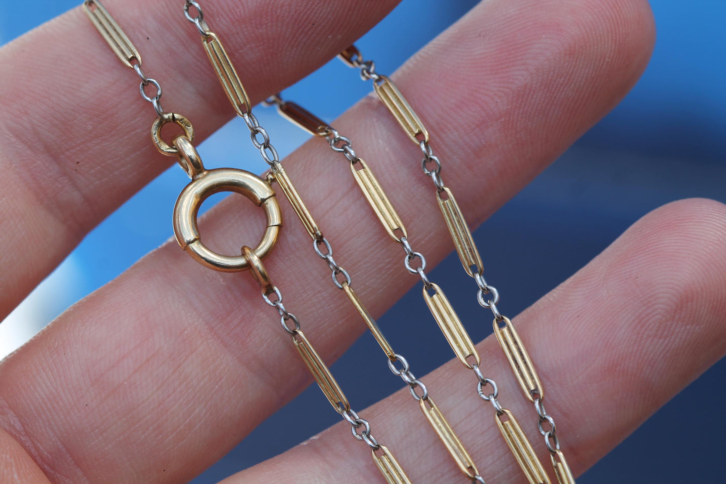 Antique French 18ct gold and platinum watch chain necklace c.1920