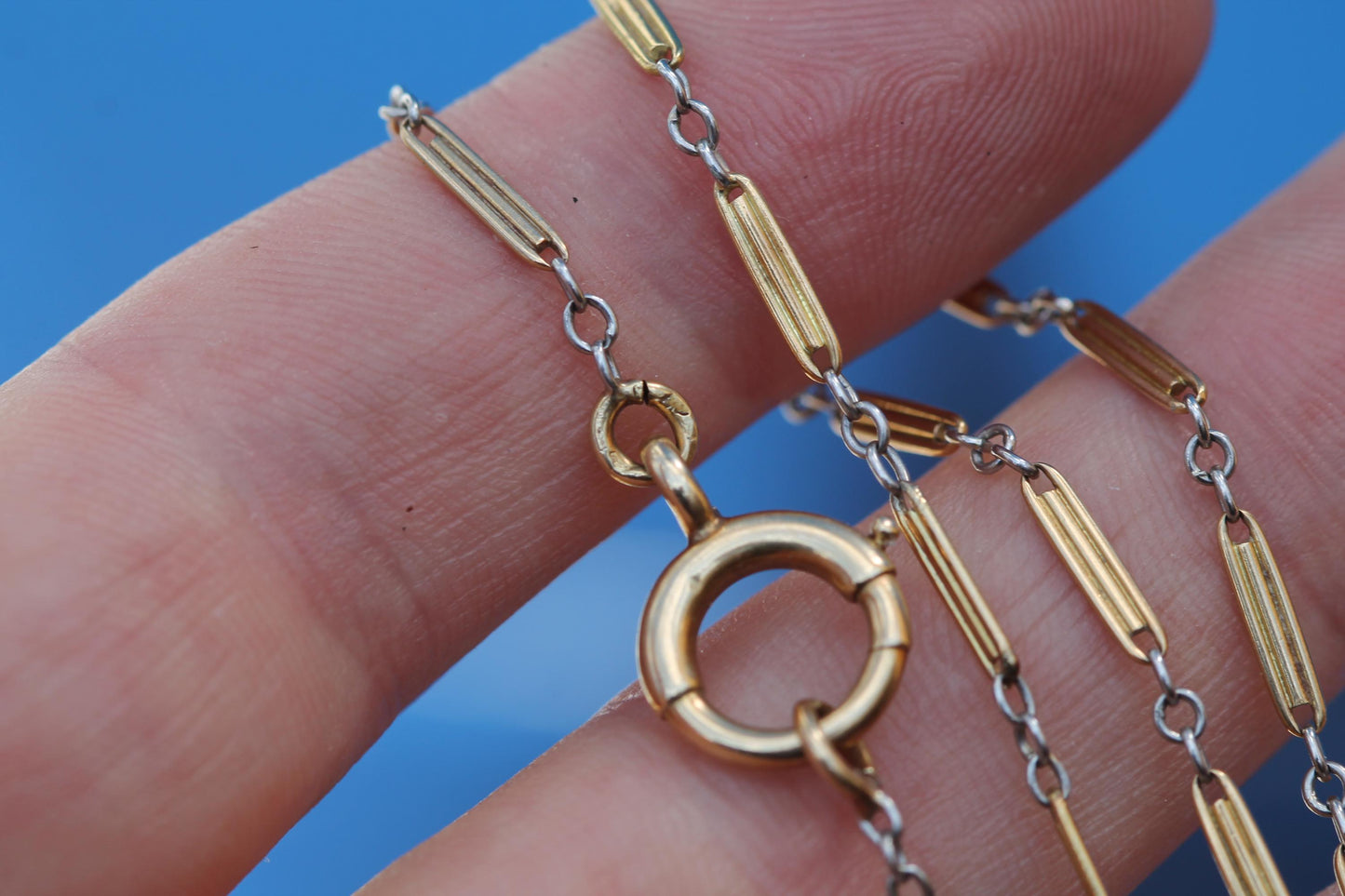 1920s French 18ct gold and platinum chain with bolt ring clasp