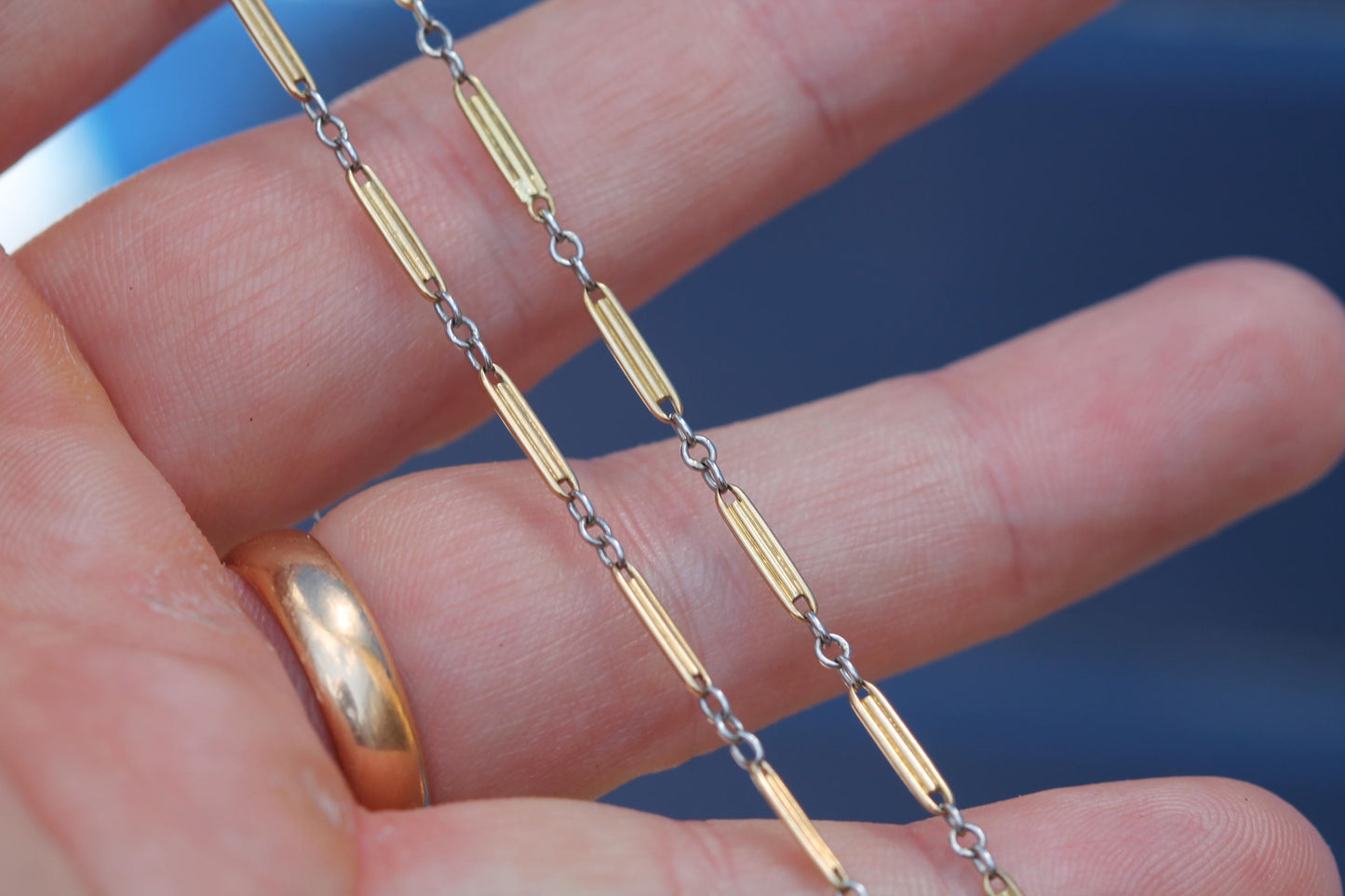 Art Deco French two-tone gold and platinum watch chain necklace