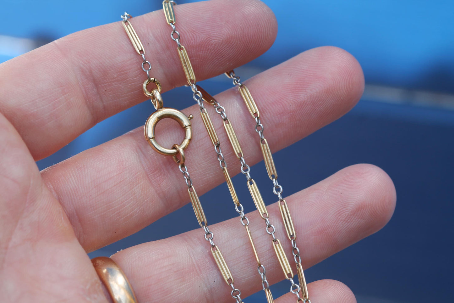 Antique French 18ct Gold & Platinum Watch Chain Necklace c.1920 — view 9