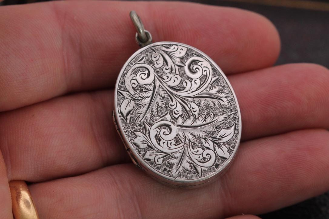 Antique Sterling Silver Engraved Locket | Victorian c.1890 — view 3