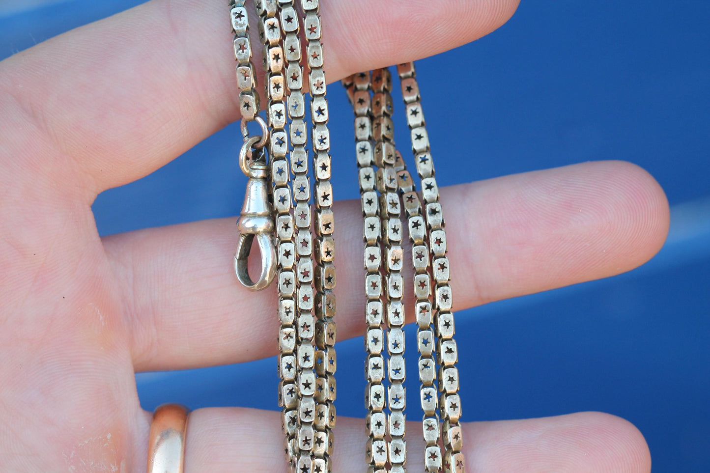 Antique Victorian 9ct Rolled Gold Star Pierced Long Guard Chain c.1890 — view 9