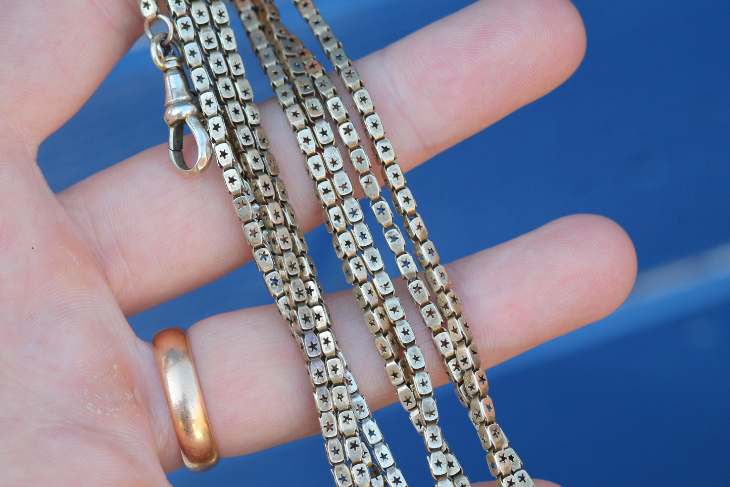 Antique Victorian 9ct Rolled Gold Star Pierced Long Guard Chain c.1890 — view 10