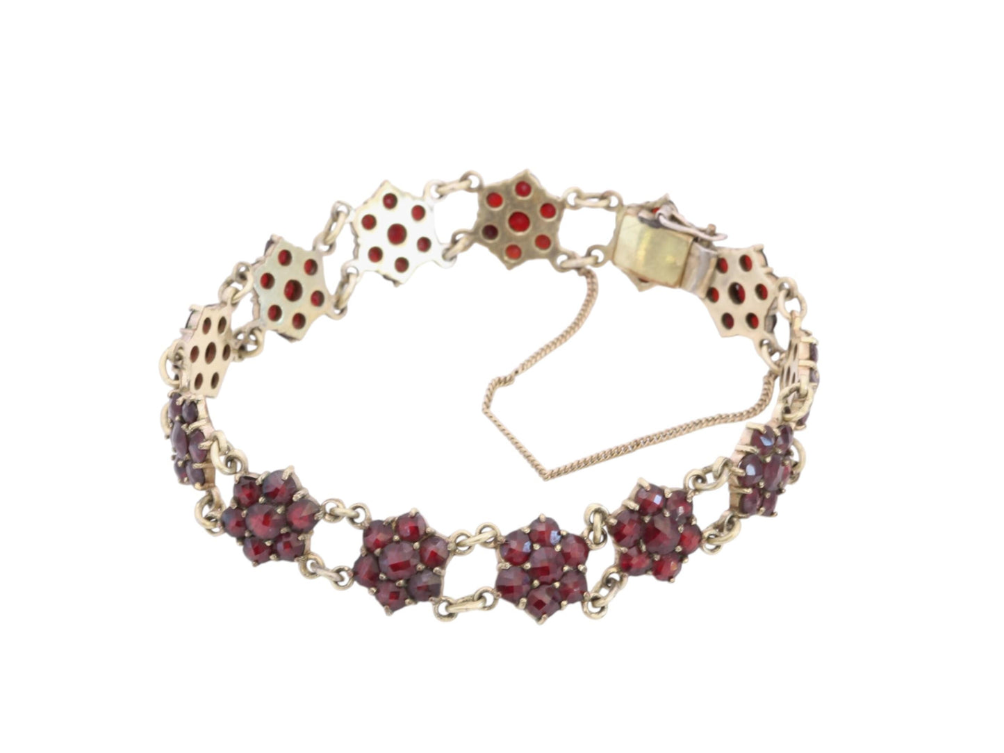 Antique Victorian Bohemian garnet bracelet showing individually faceted red garnets