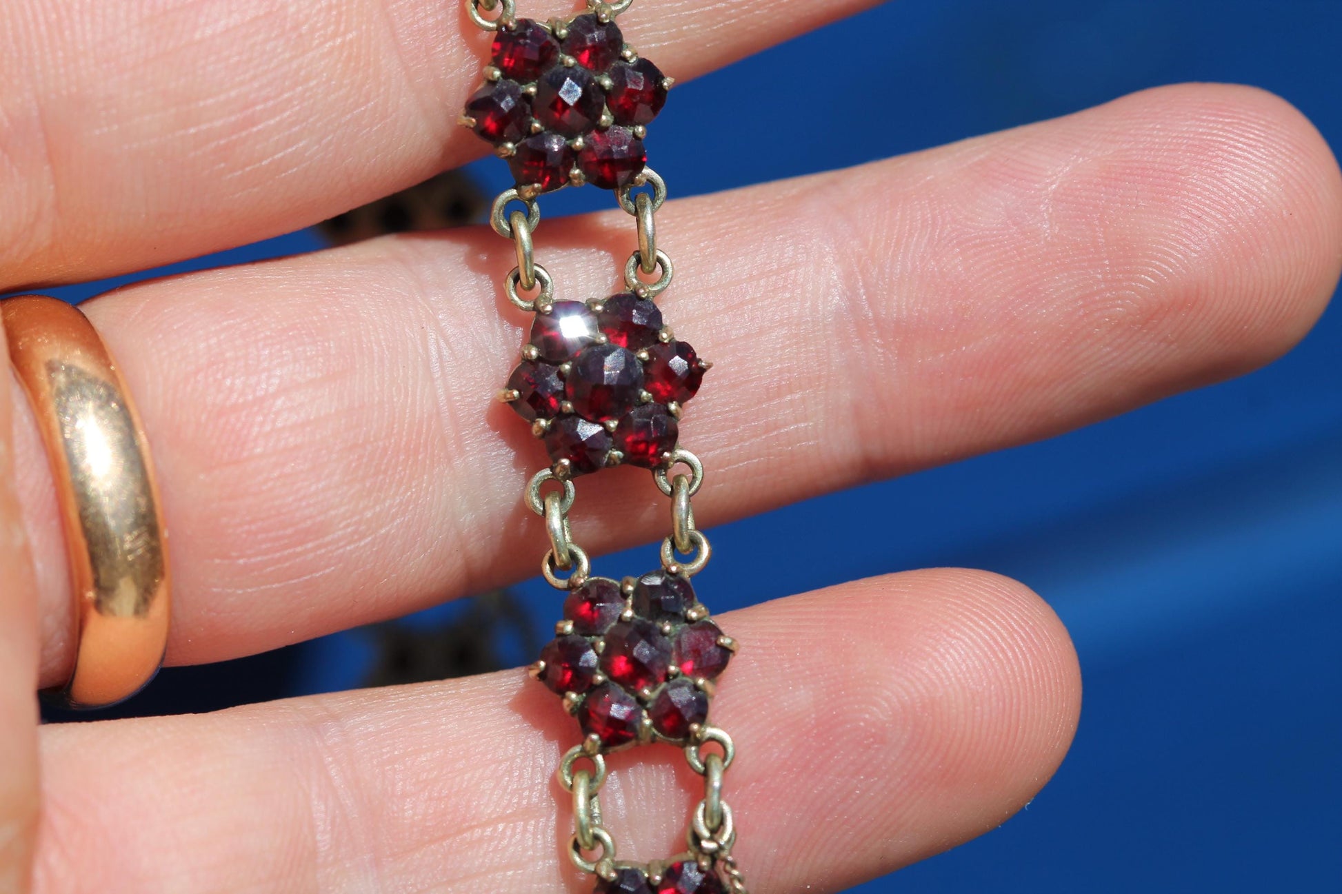 Antique Bohemian garnet bracelet in rolled gold with box clasp and safety chain