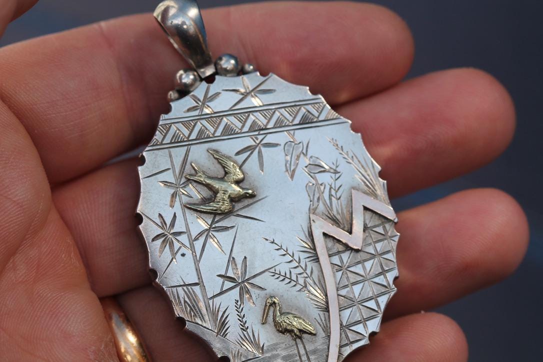 Antique Victorian Sterling Silver Locket | 9ct Gold Bird & Heron Detail c.1880 — view 4