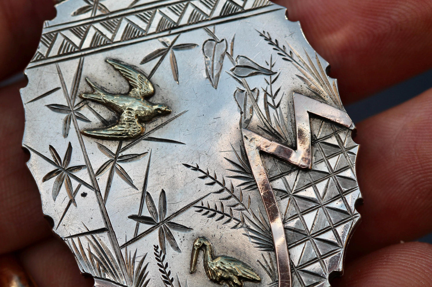 Antique Victorian Sterling Silver Locket | 9ct Gold Bird & Heron Detail c.1880 — view 5