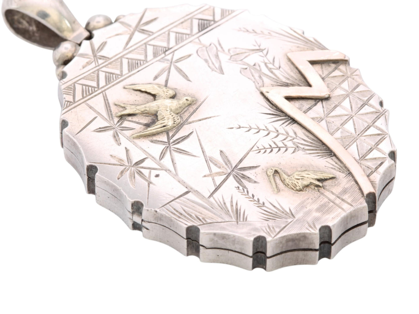 Antique Victorian Sterling Silver Locket | 9ct Gold Bird & Heron Detail c.1880 — view 9
