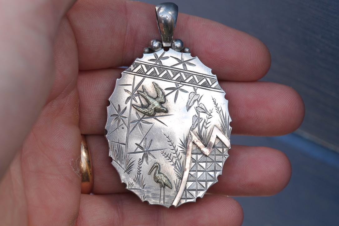 Antique Victorian Sterling Silver Locket | 9ct Gold Bird & Heron Detail c.1880 — view 11