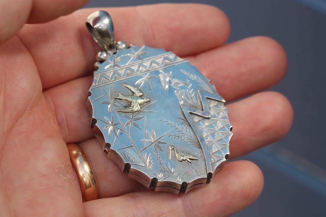 Antique Victorian Sterling Silver Locket | 9ct Gold Bird & Heron Detail c.1880 — view 12