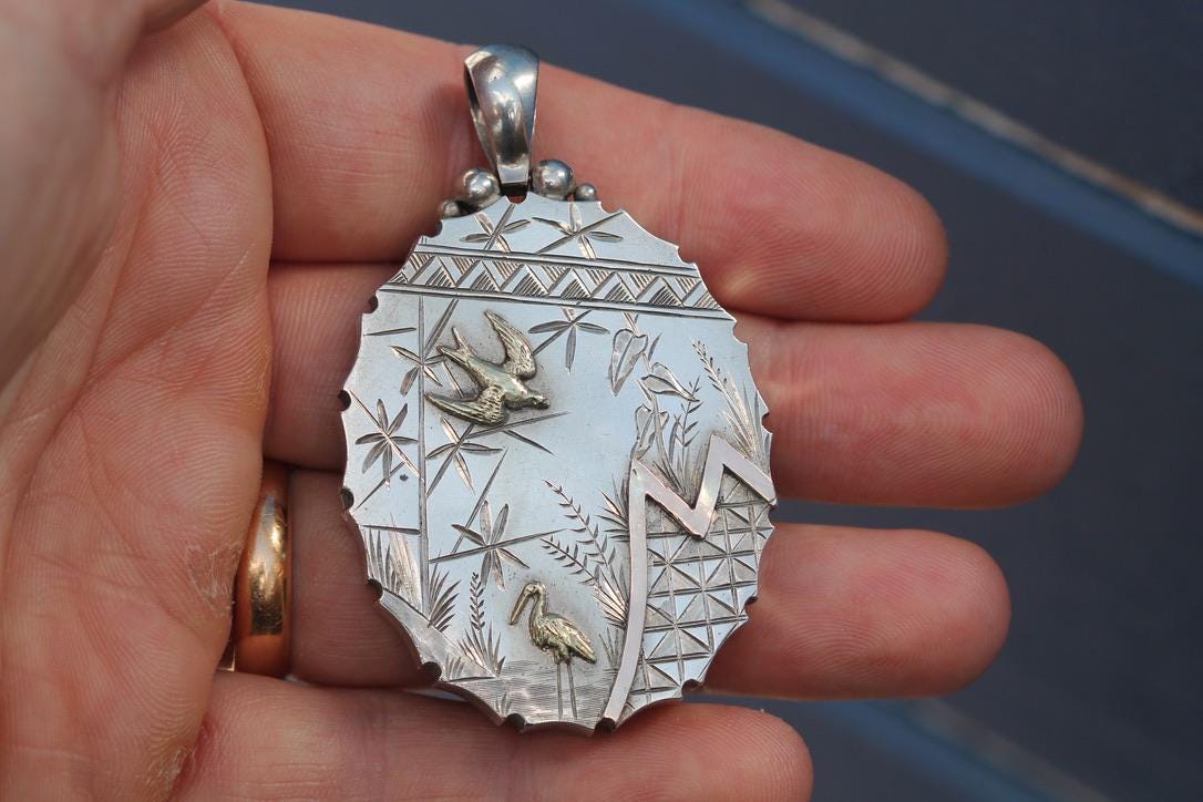 Antique Victorian Sterling Silver Locket | 9ct Gold Bird & Heron Detail c.1880 — view 13
