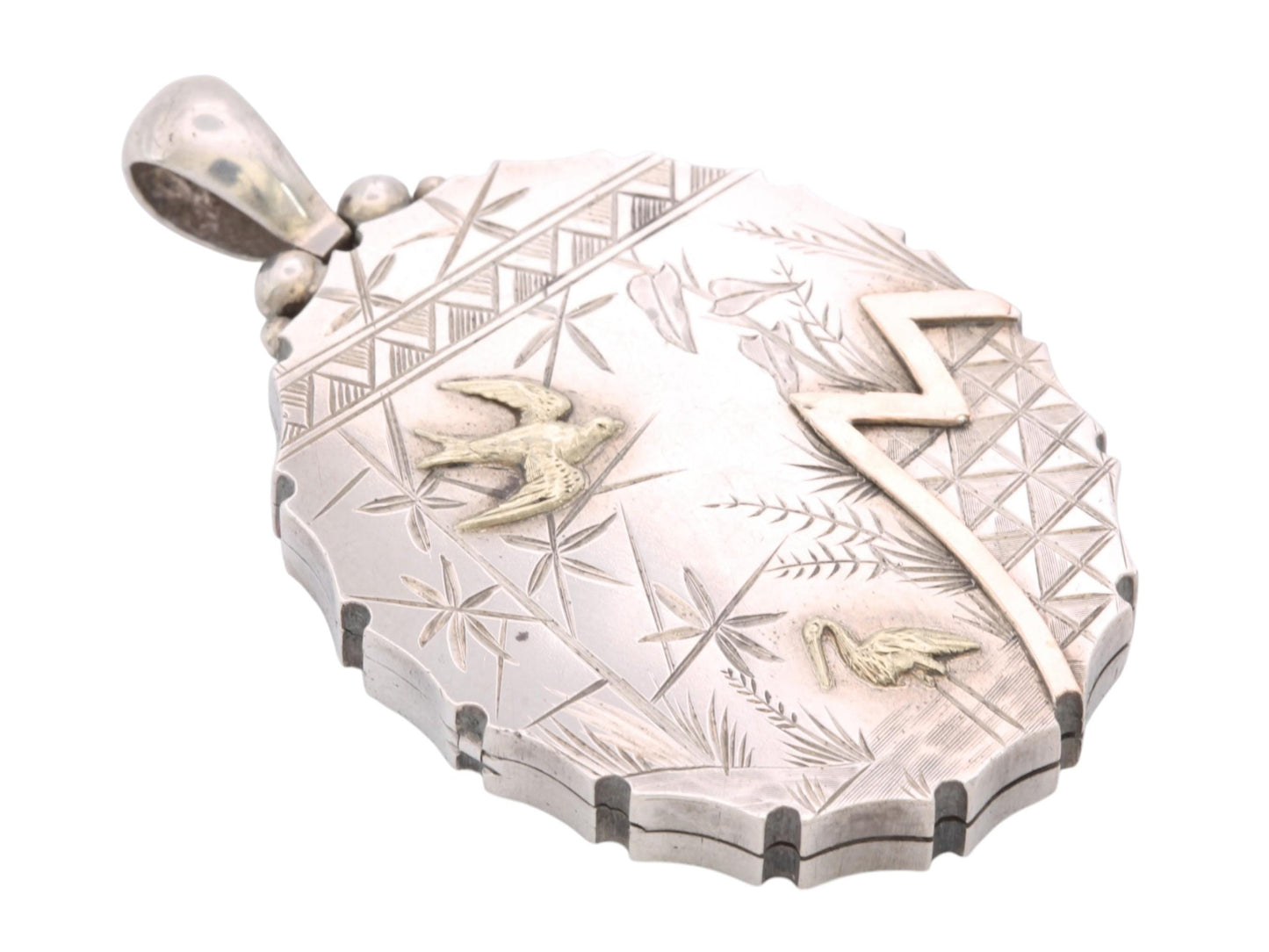 Antique Victorian Sterling Silver Locket | 9ct Gold Bird & Heron Detail c.1880 — view 15