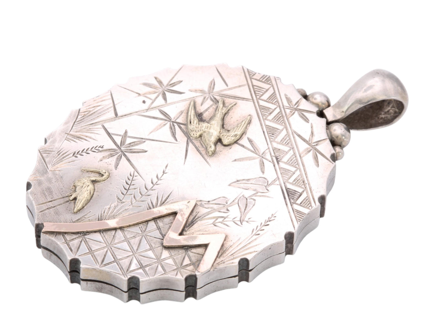 Antique Victorian Sterling Silver Locket | 9ct Gold Bird & Heron Detail c.1880 — view 16