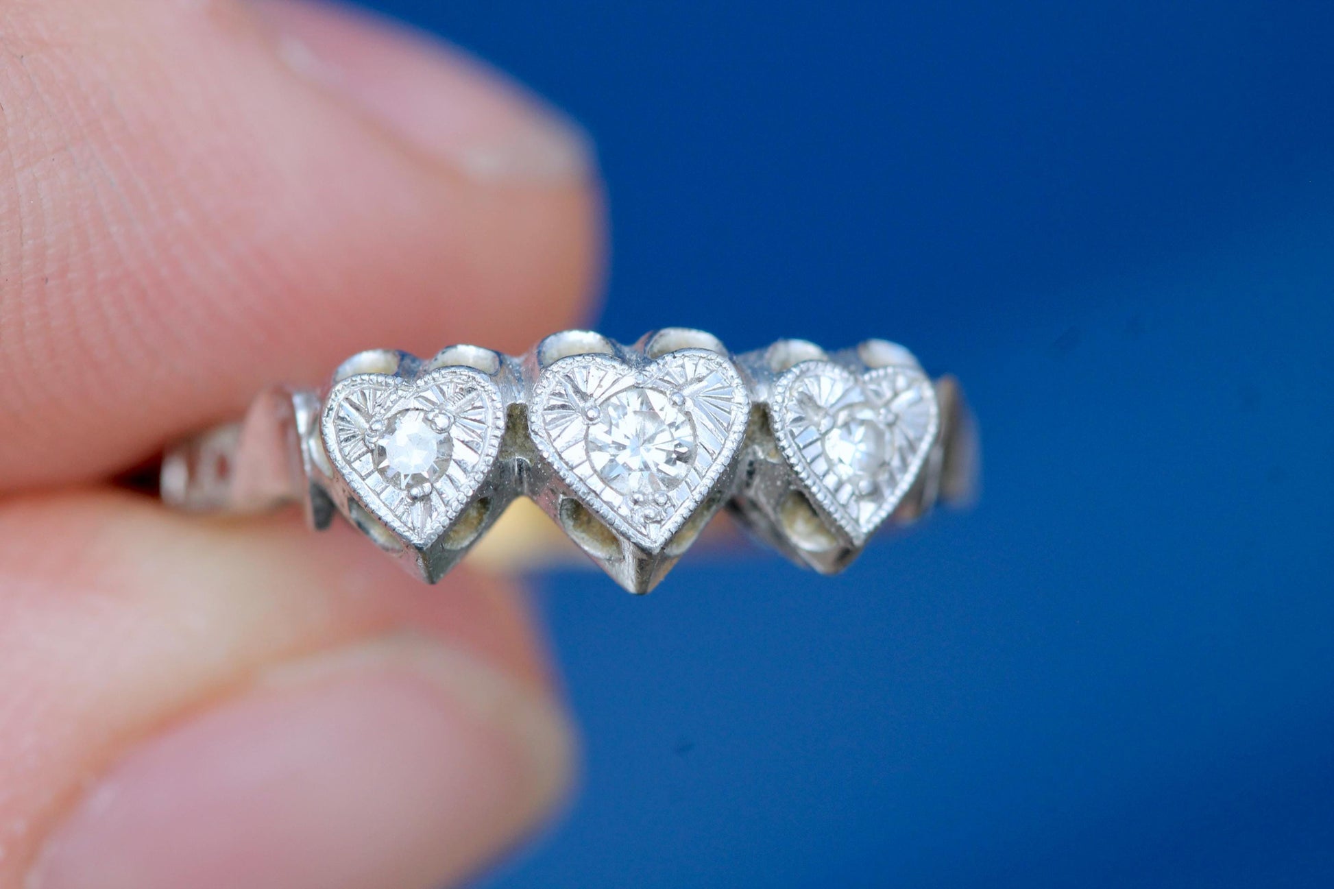 Art Deco 18ct gold and platinum triple diamond heart ring
