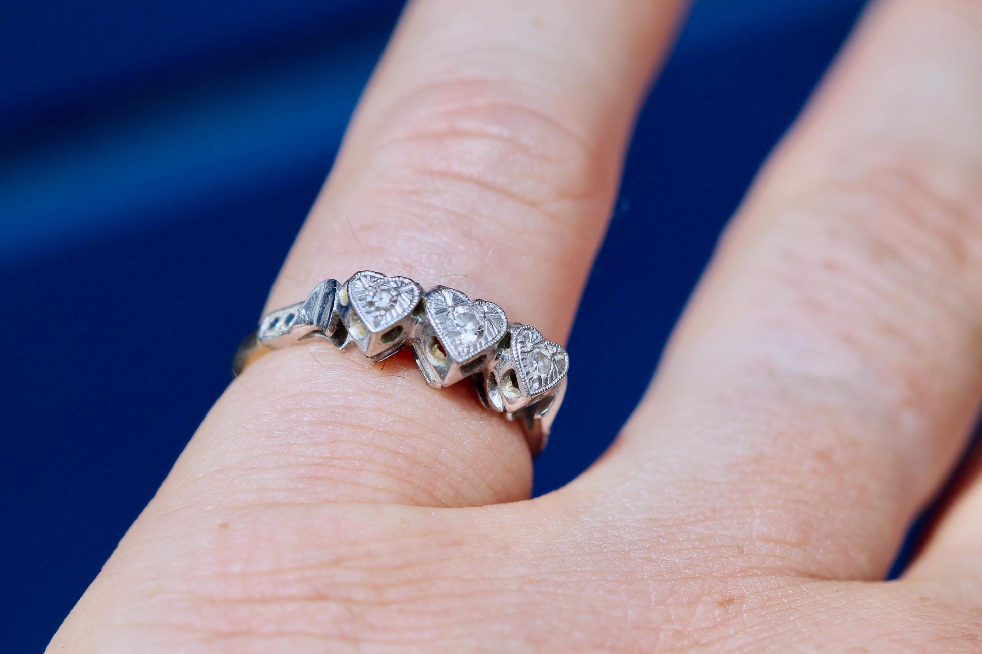 Art Deco 18ct Gold & Platinum Diamond Triple Heart Ring | c.1920 — view 12