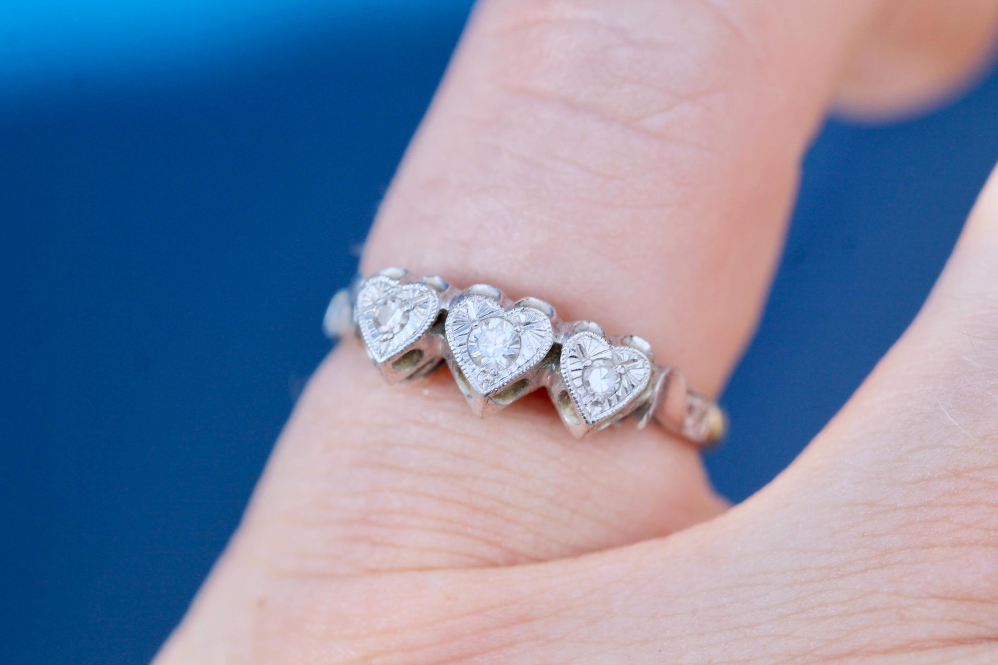 Art Deco 18ct Gold & Platinum Diamond Triple Heart Ring | c.1920 — view 15