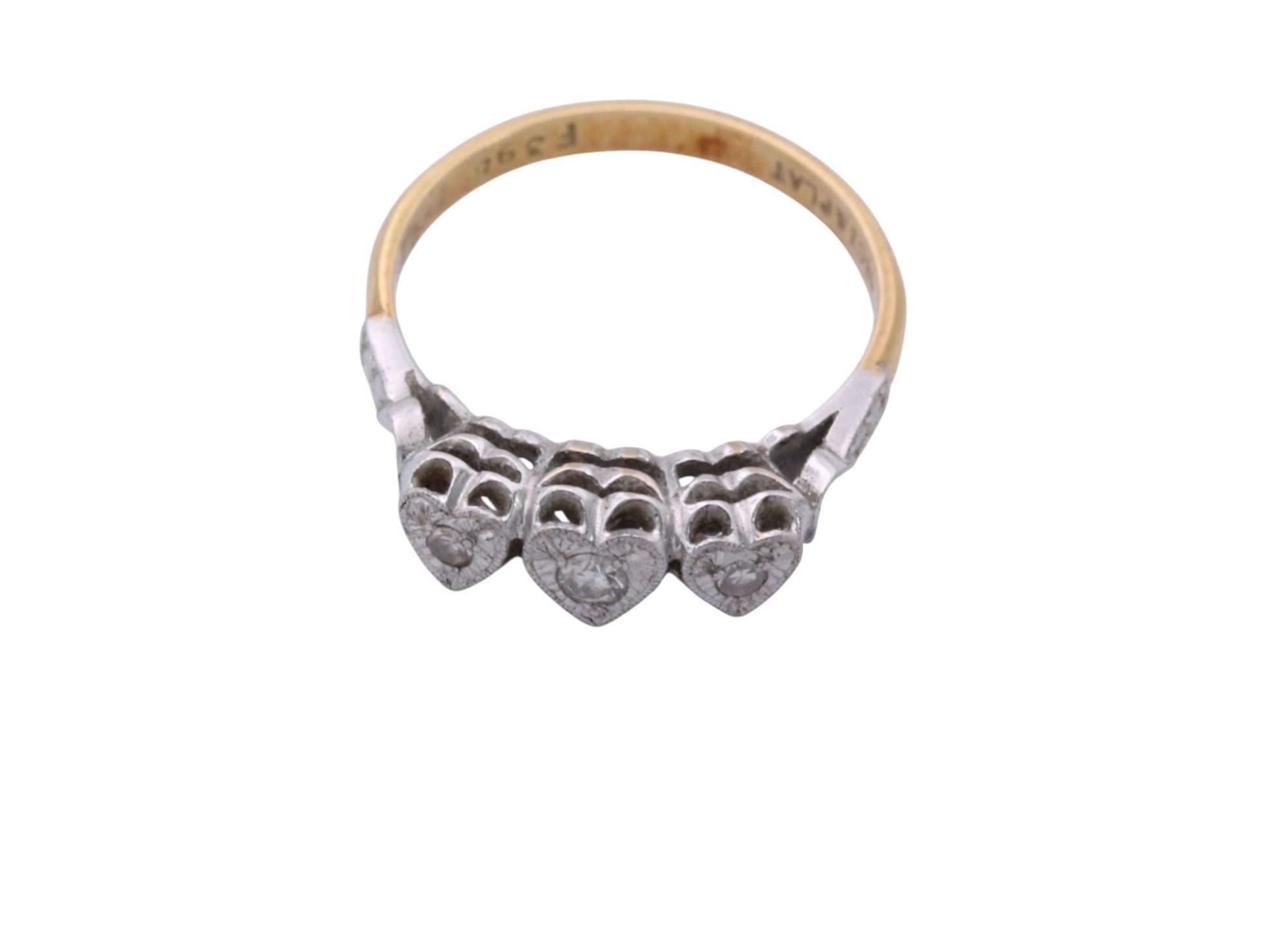 Art Deco 18ct Gold & Platinum Diamond Triple Heart Ring | c.1920 — view 18