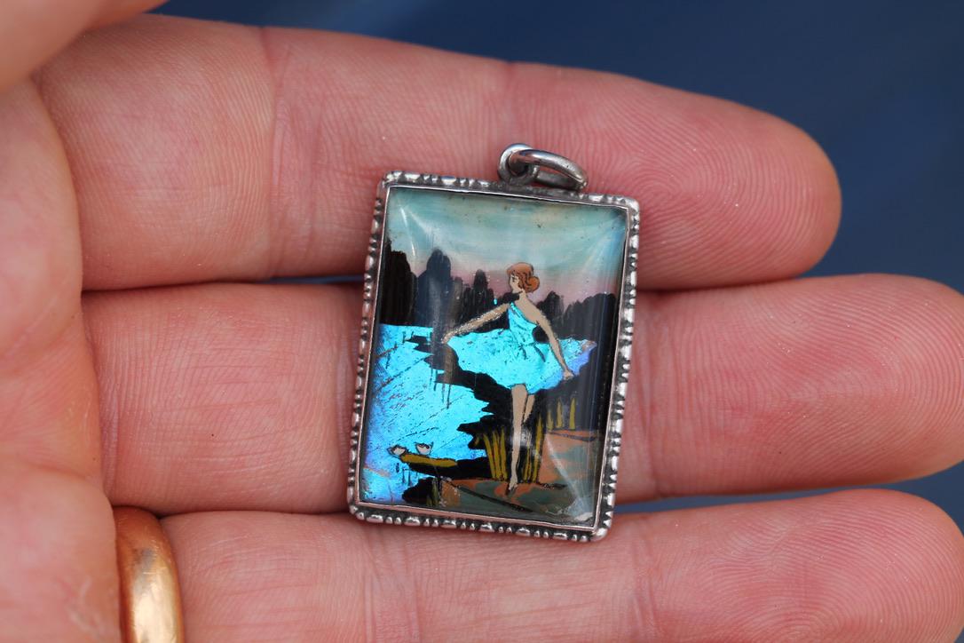 Reverse of Art Deco butterfly wing pendant stamped England Sterling PT 202213