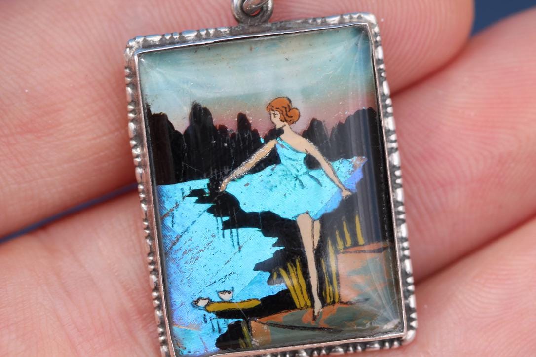 Art Deco Sterling Silver Butterfly Wing Pendant | Lady by Water Scene | c.1930 — view 4