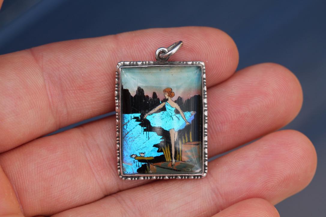 Art Deco Sterling Silver Butterfly Wing Pendant | Lady by Water Scene | c.1930 — view 6