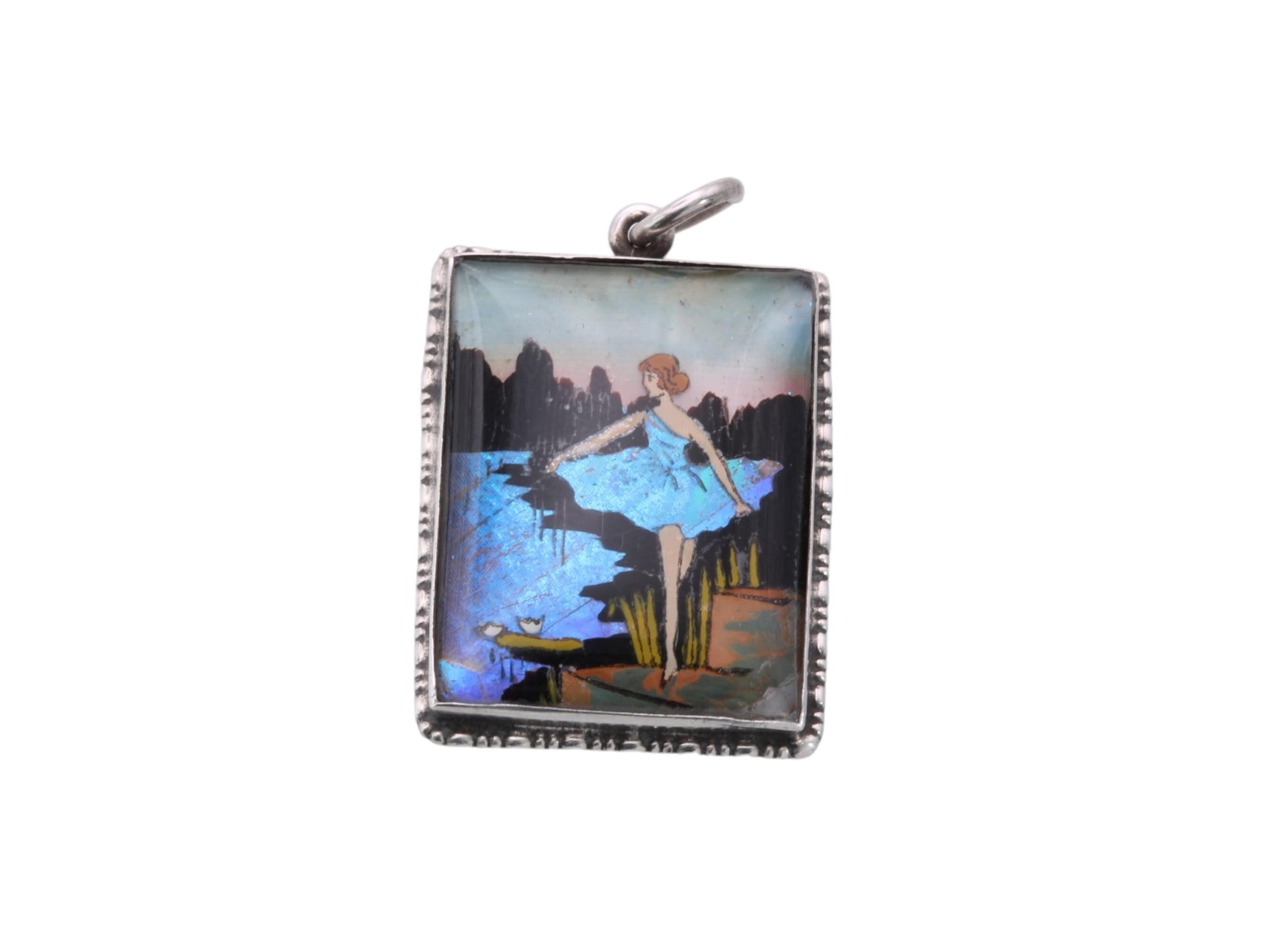 Art Deco Sterling Silver Butterfly Wing Pendant | Lady by Water Scene | c.1930 — view 7