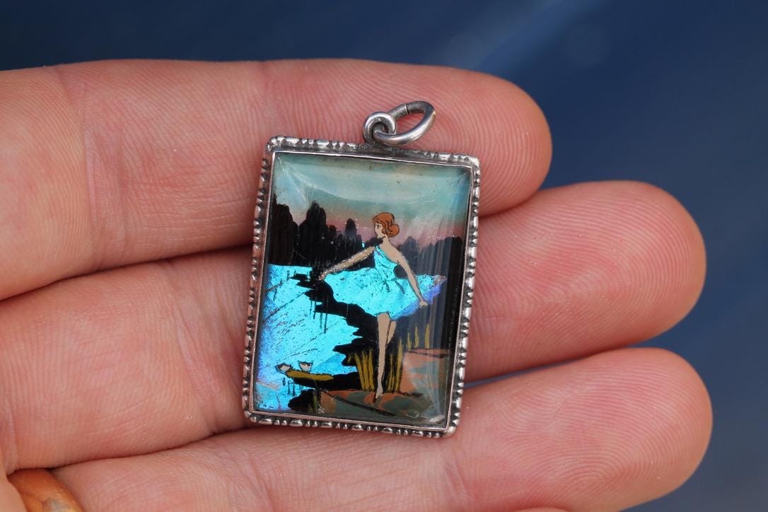 Art Deco Sterling Silver Butterfly Wing Pendant | Lady by Water Scene | c.1930 — view 8