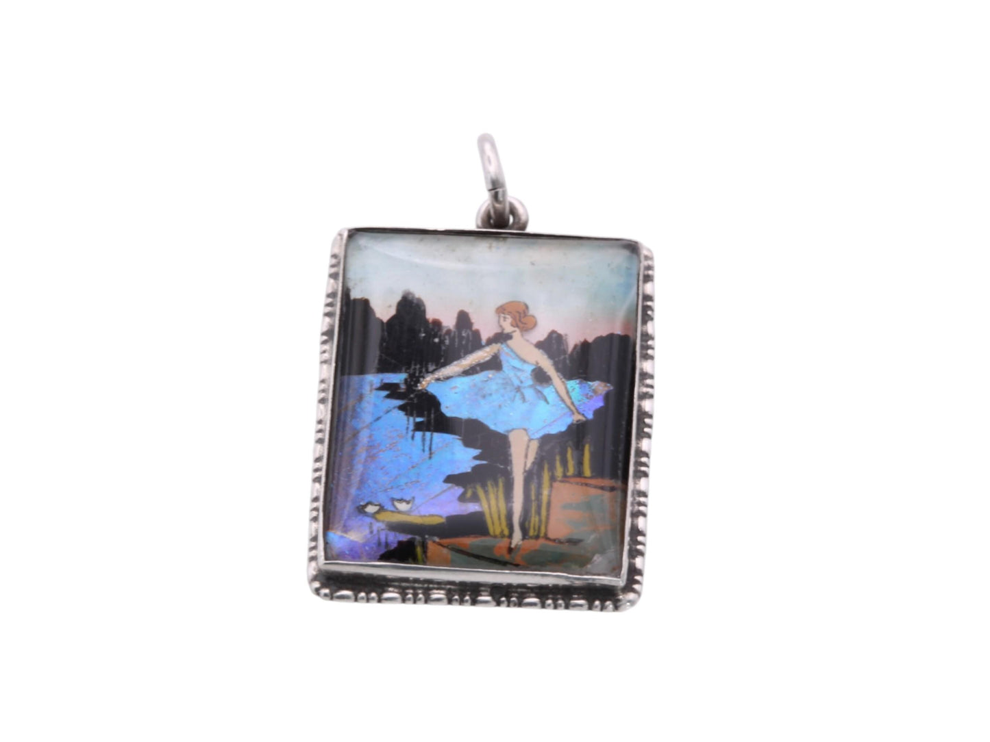 Art Deco Sterling Silver Butterfly Wing Pendant | Lady by Water Scene | c.1930 — view 9