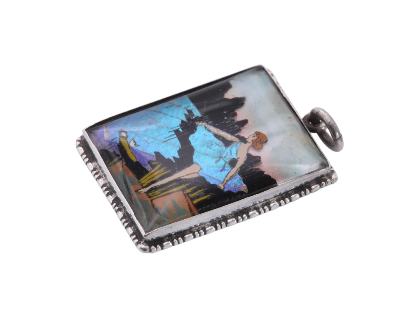 Art Deco Sterling Silver Butterfly Wing Pendant | Lady by Water Scene | c.1930 — view 12