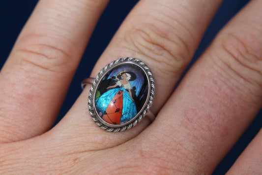 Art Deco sterling silver ring with butterfly wing and painted lady portrait