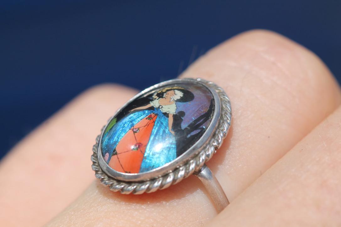 Art Deco Sterling Silver Butterfly Wing Ring | Lady Portrait | c.1930 — view 5