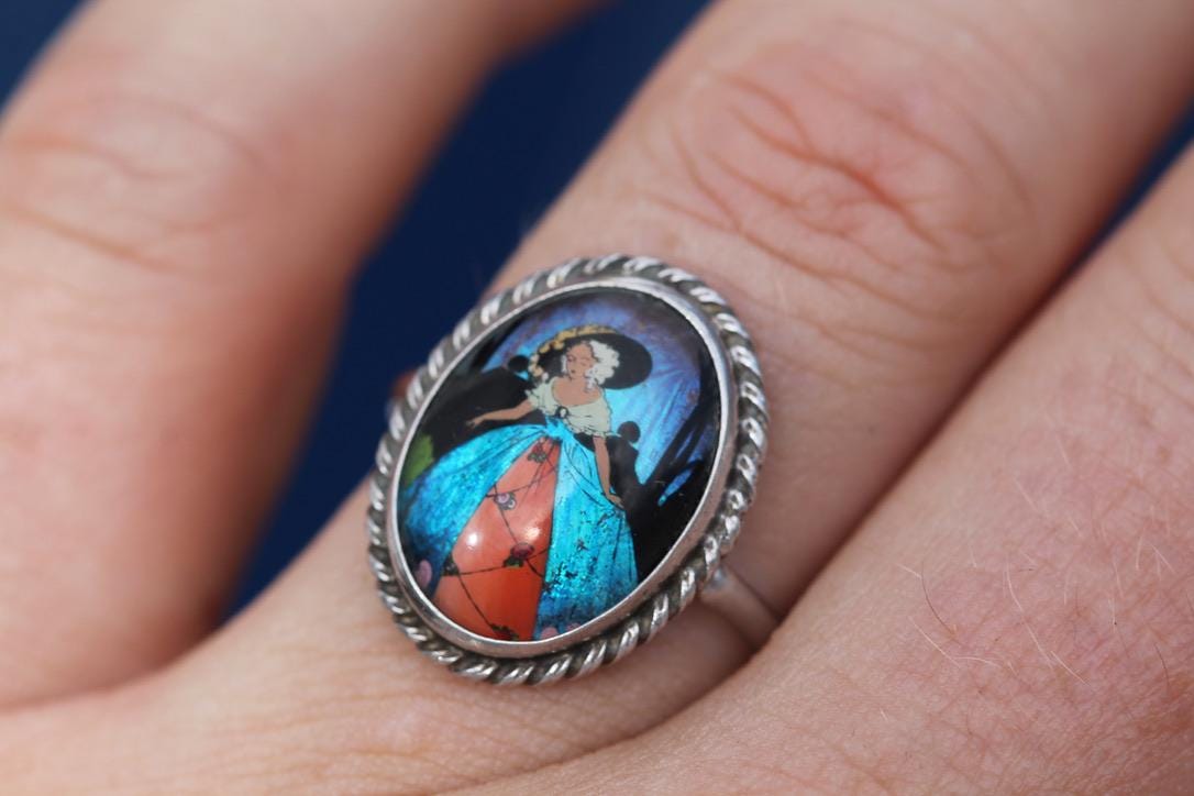 Art Deco Sterling Silver Butterfly Wing Ring | Lady Portrait | c.1930 — view 10