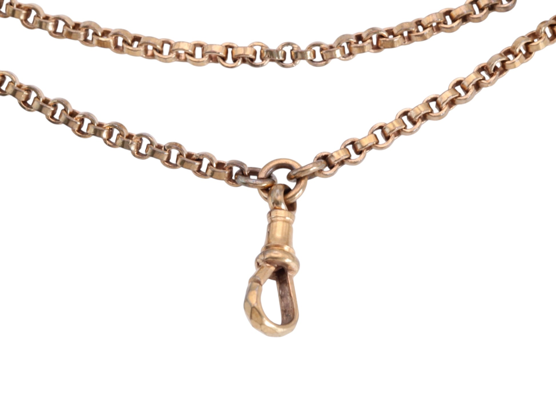 Full view of antique Victorian rolled gold long guard necklace