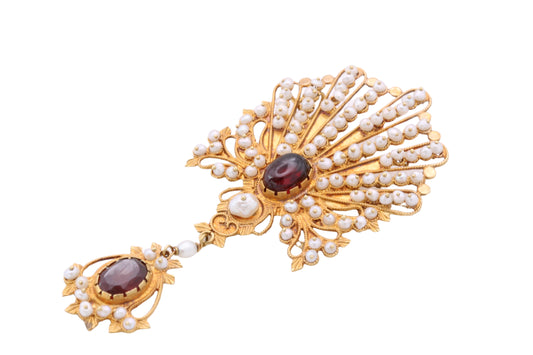 Vintage Italian 18ct gold garnet and seed pearl cannetille revival brooch