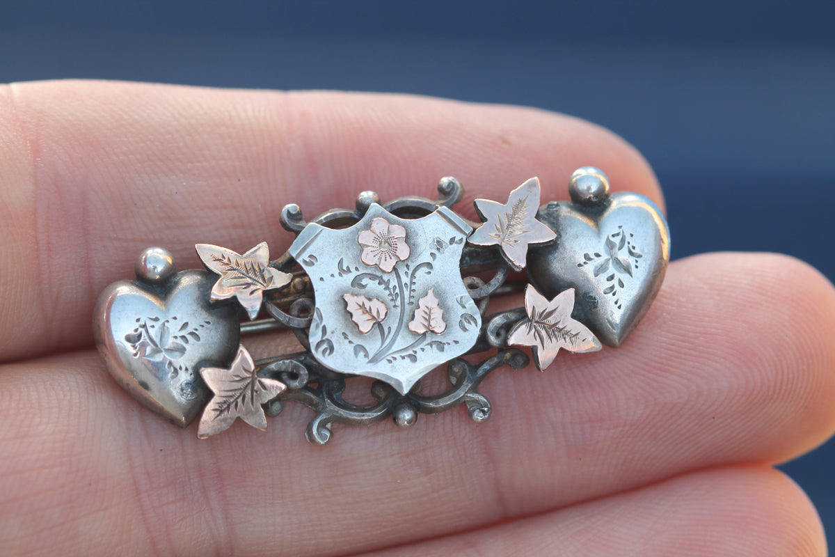 Antique Edwardian Sterling Silver & 9ct Gold Heart Ivy Brooch Chester 1901 | WBs — view 10