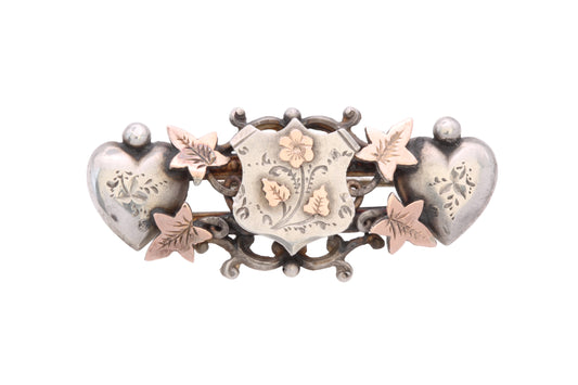 Antique Edwardian sterling silver and 9ct gold heart ivy brooch Chester 1901