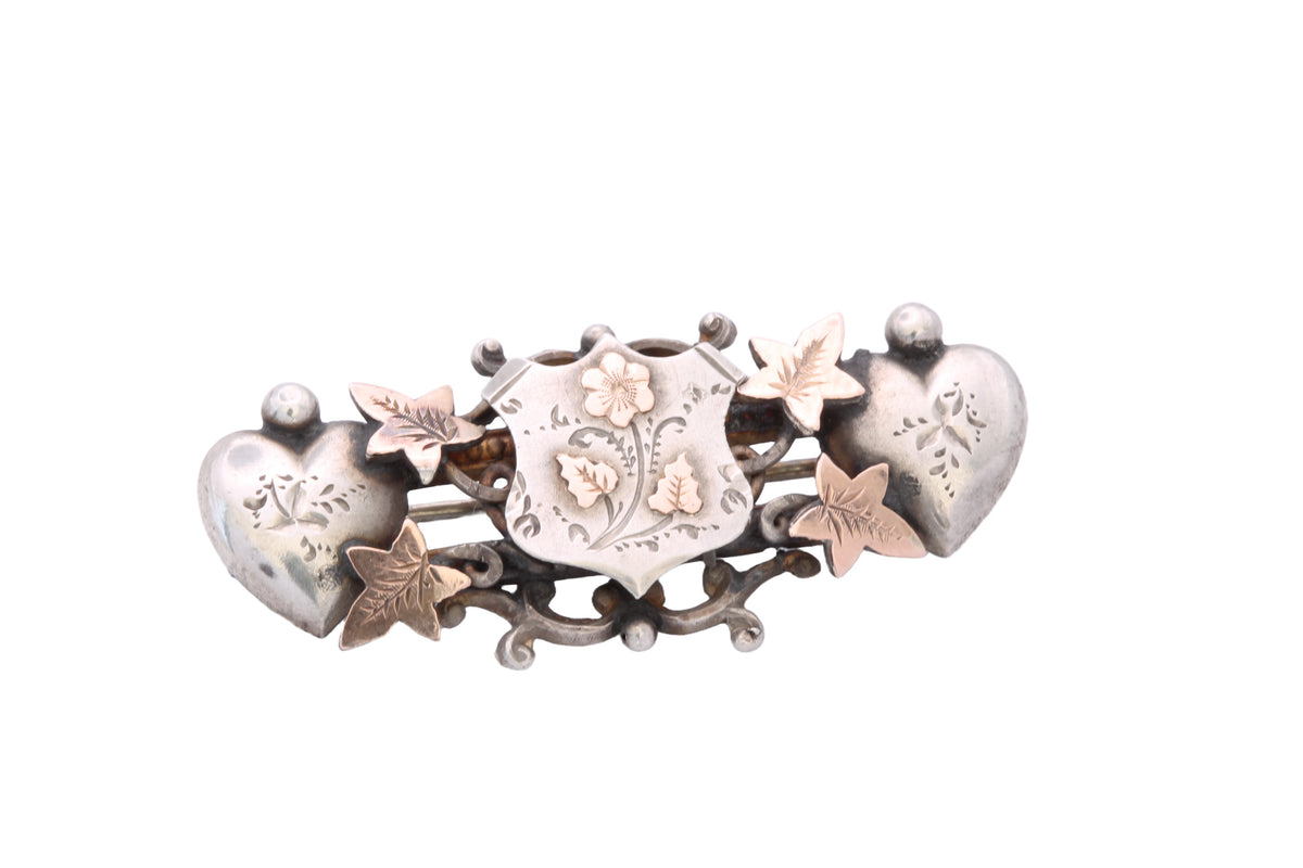 Antique Edwardian Sterling Silver & 9ct Gold Heart Ivy Brooch Chester 1901 | WBs — view 6