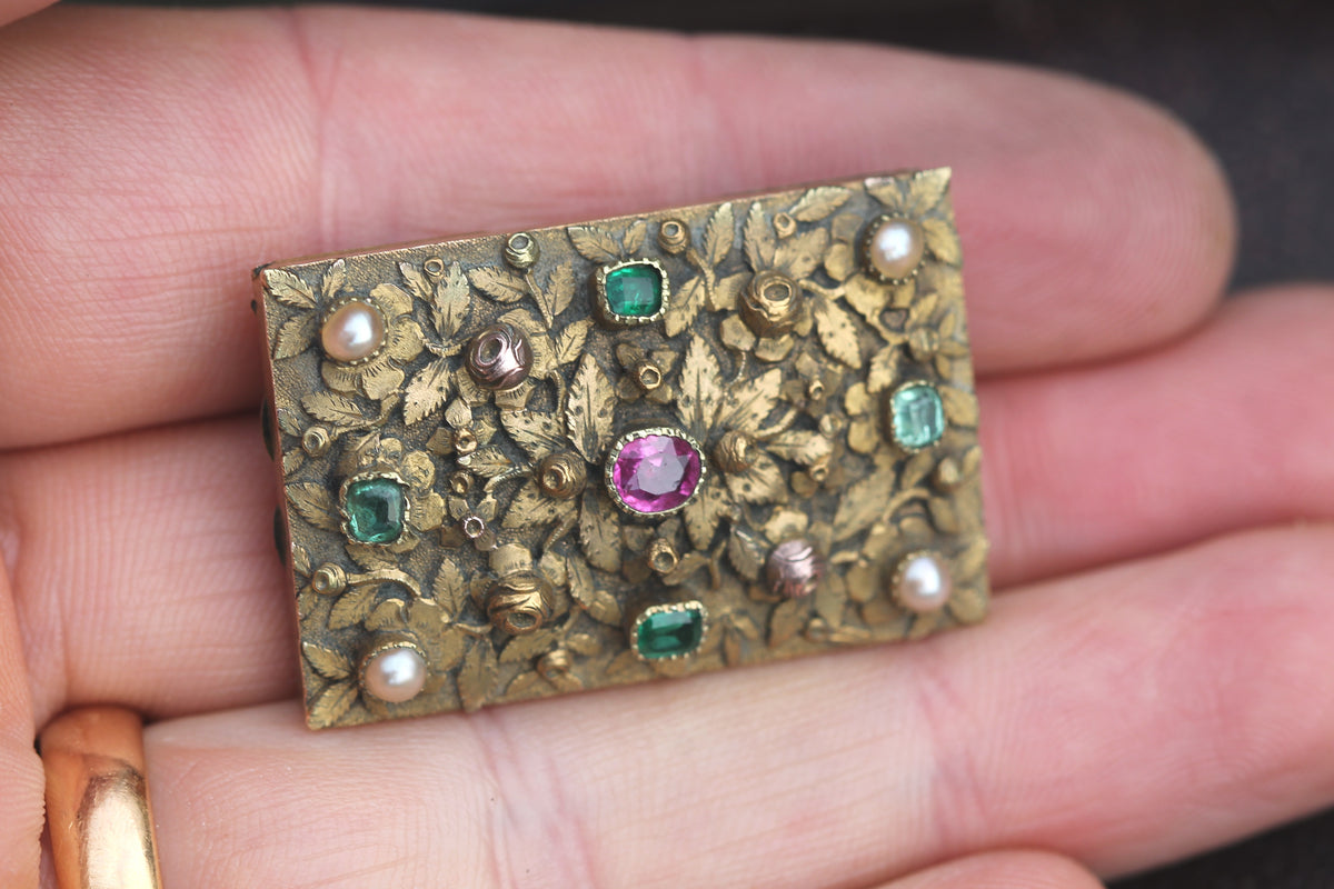 Antique Late Georgian 15ct Gold Ruby Emerald & Pearl Floral Brooch c.1830 — view 11