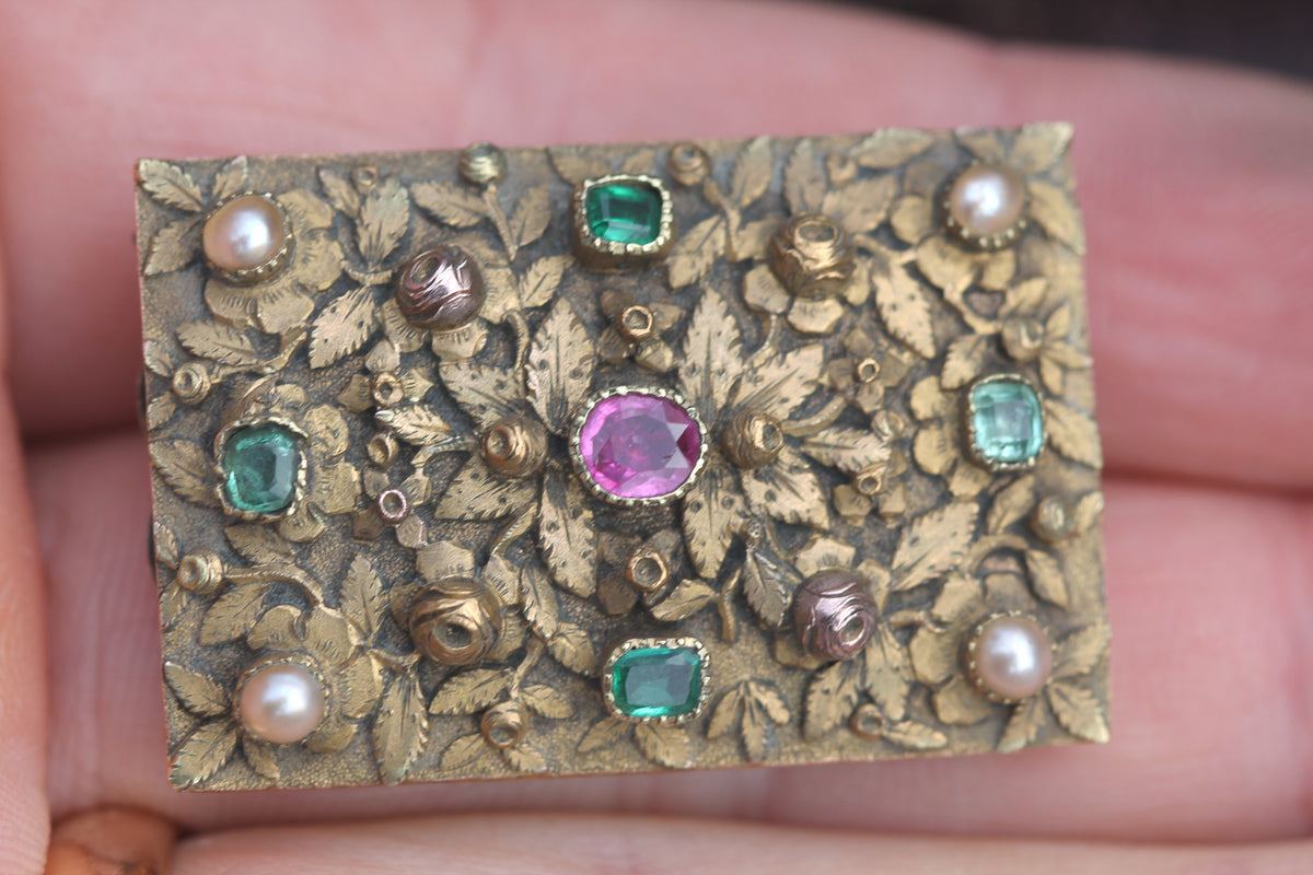 Antique Late Georgian 15ct Gold Ruby Emerald & Pearl Floral Brooch c.1830 — view 12