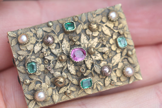 Antique late Georgian 15ct gold ruby emerald and pearl floral brooch