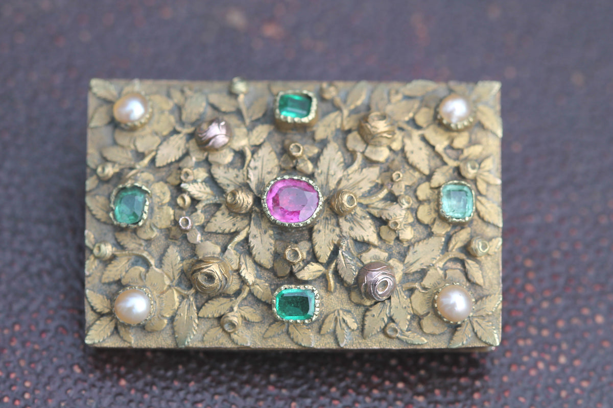 Antique Late Georgian 15ct Gold Ruby Emerald & Pearl Floral Brooch c.1830 — view 17