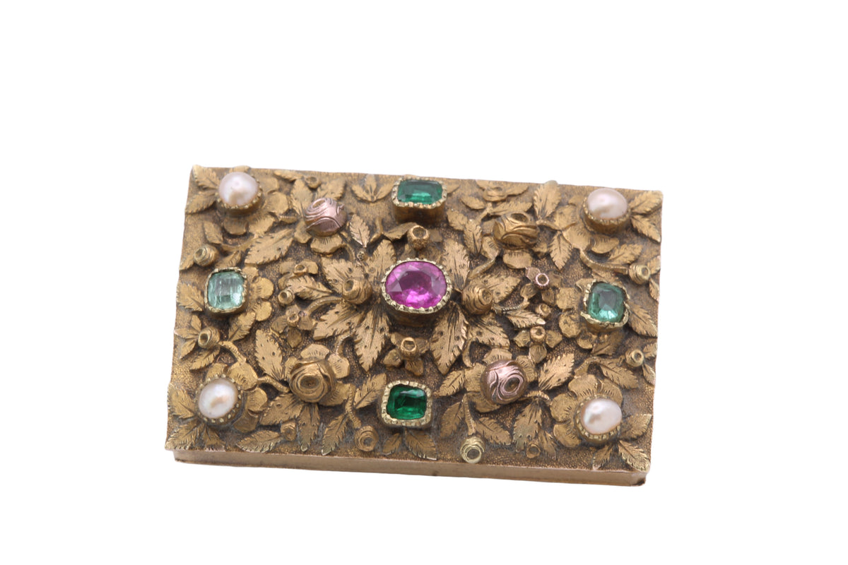 Antique Late Georgian 15ct Gold Ruby Emerald & Pearl Floral Brooch c.1830 — view 7
