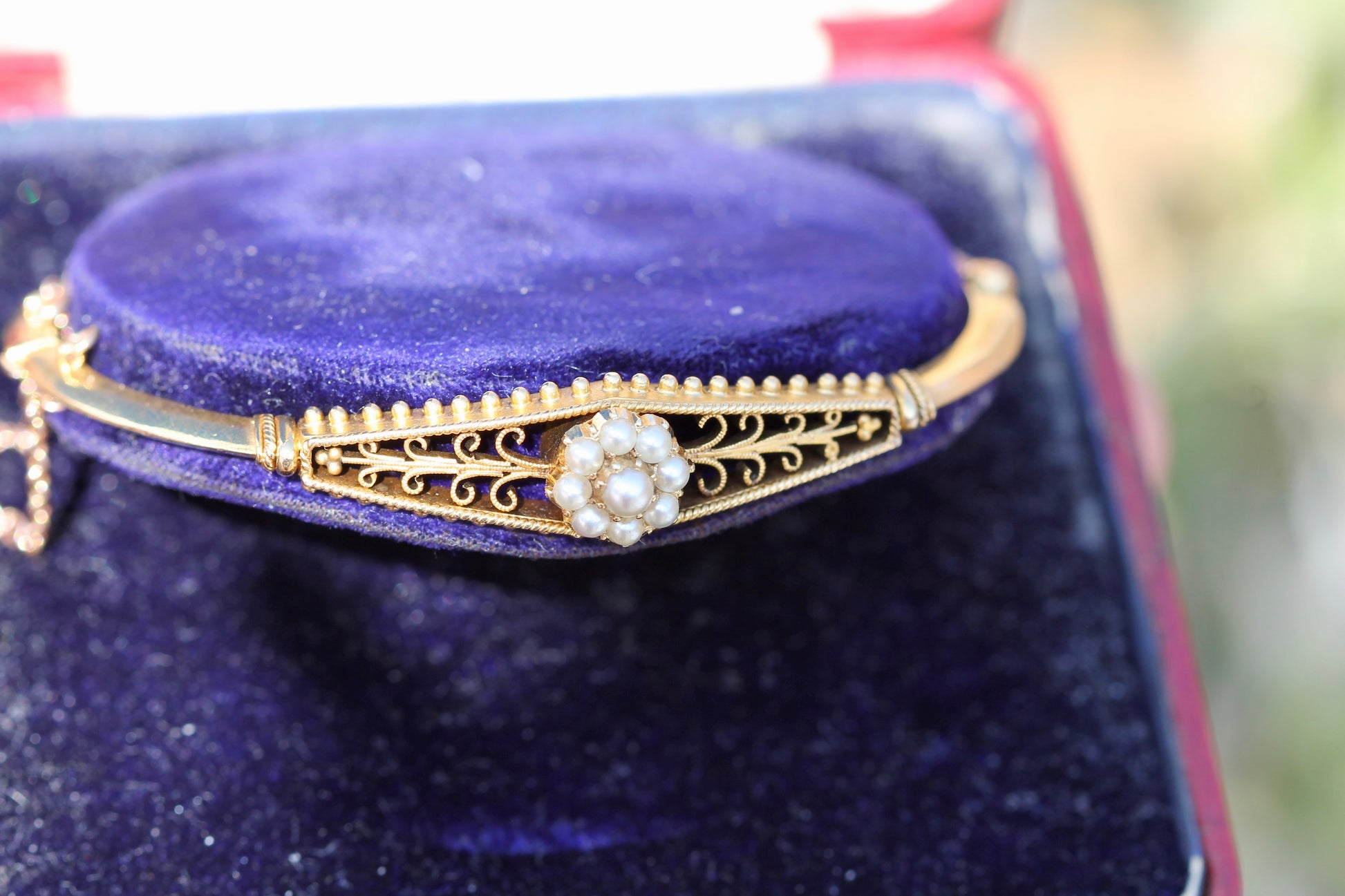Antique Edwardian 15ct Gold Pearl Cluster Bangle | Original Box c.1905 — view 9