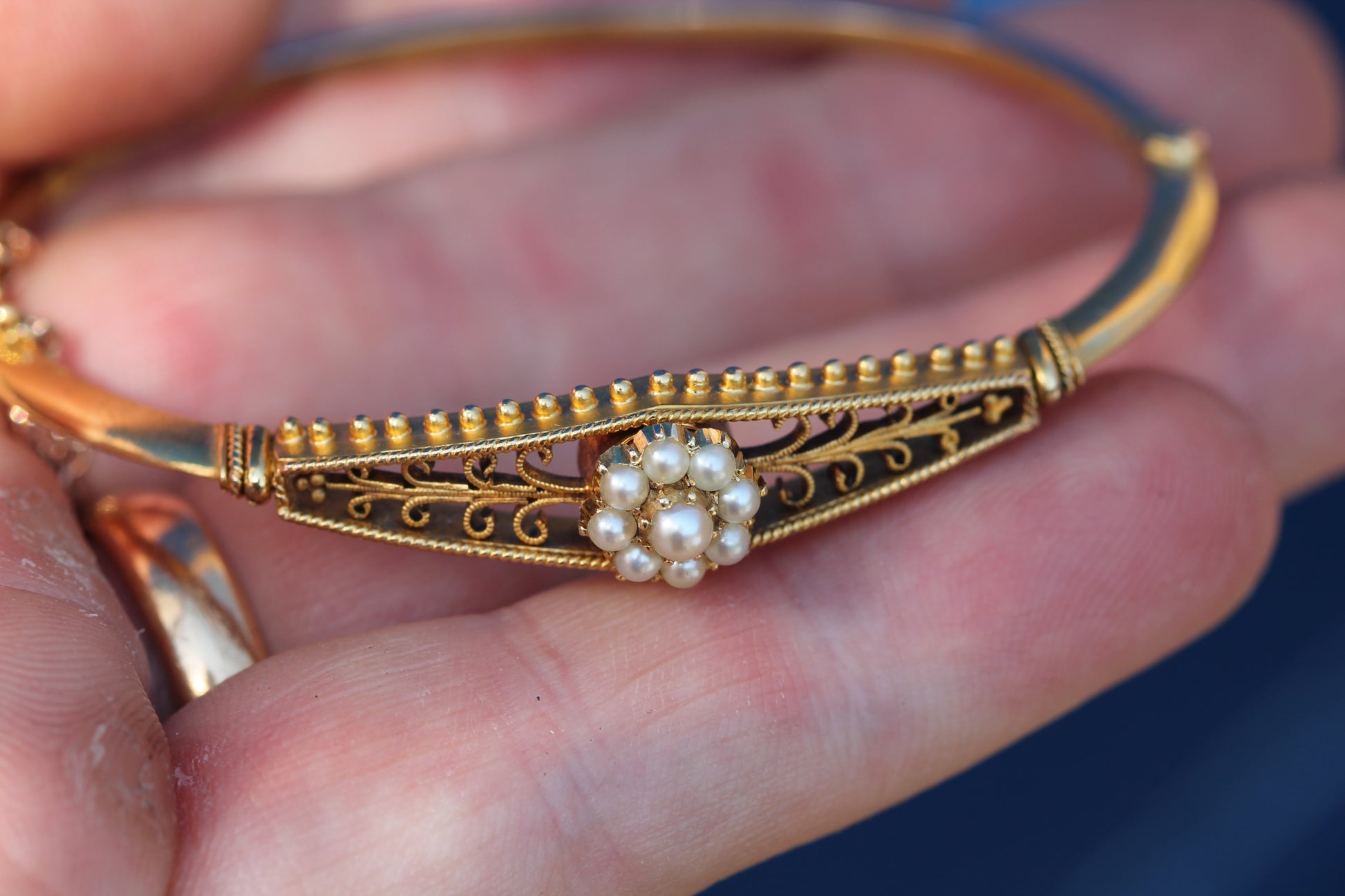 Antique Edwardian 15ct Gold Pearl Cluster Bangle | Original Box c.1905 — view 7