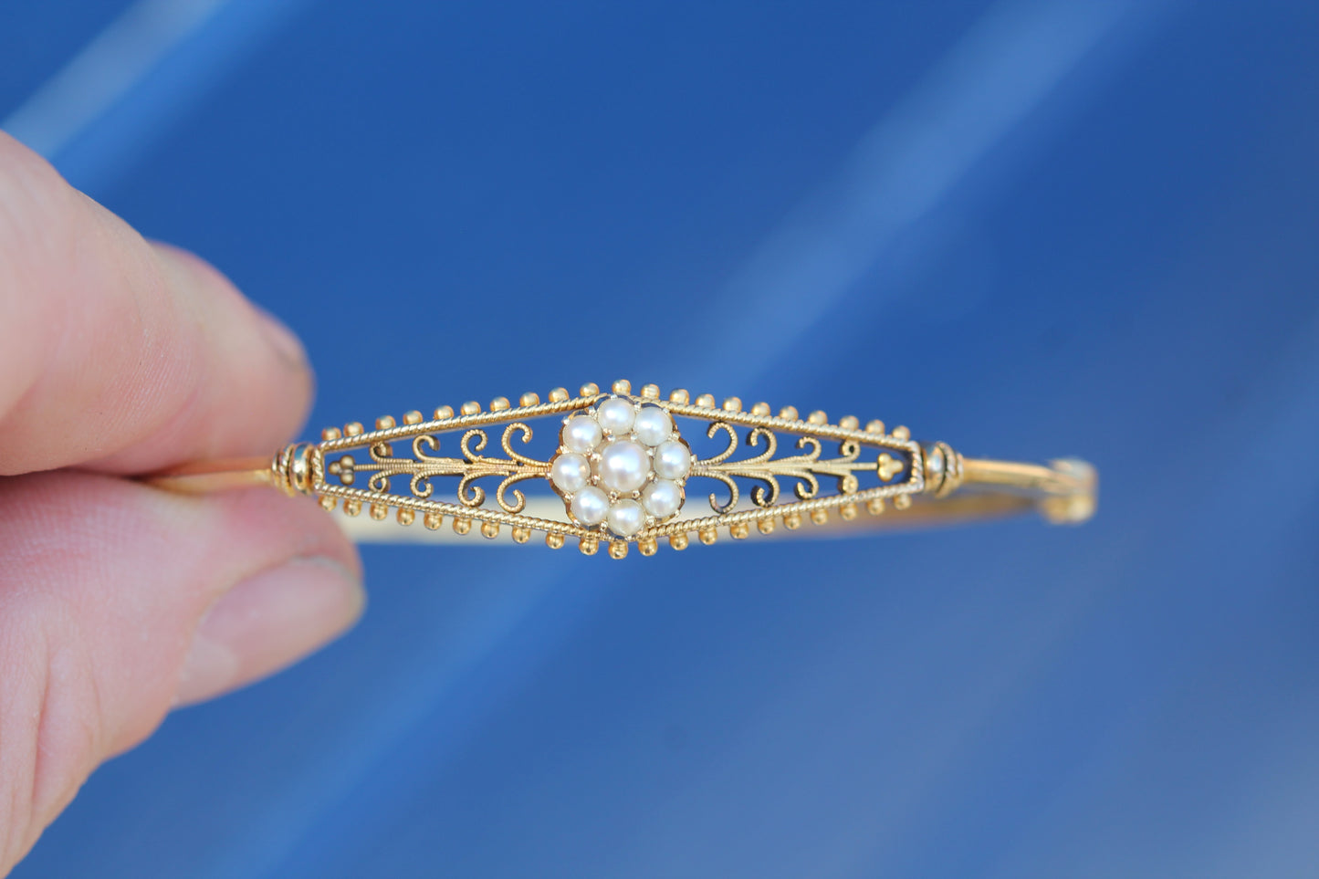 Antique Edwardian 15ct Gold Pearl Cluster Bangle | Original Box c.1905 — view 8