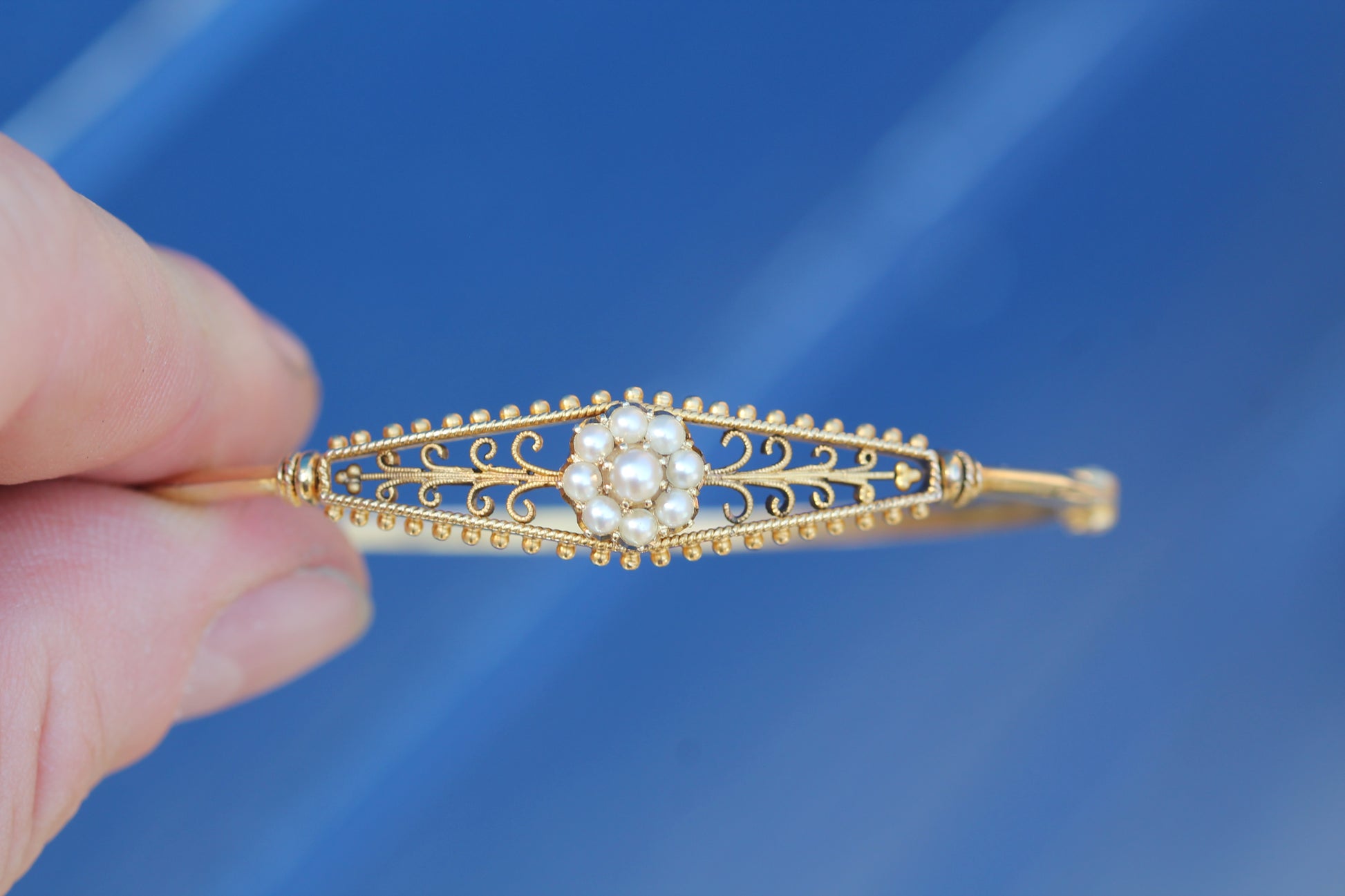 Antique Edwardian 15ct Gold Pearl Cluster Bangle | Original Box c.1905 — view 8
