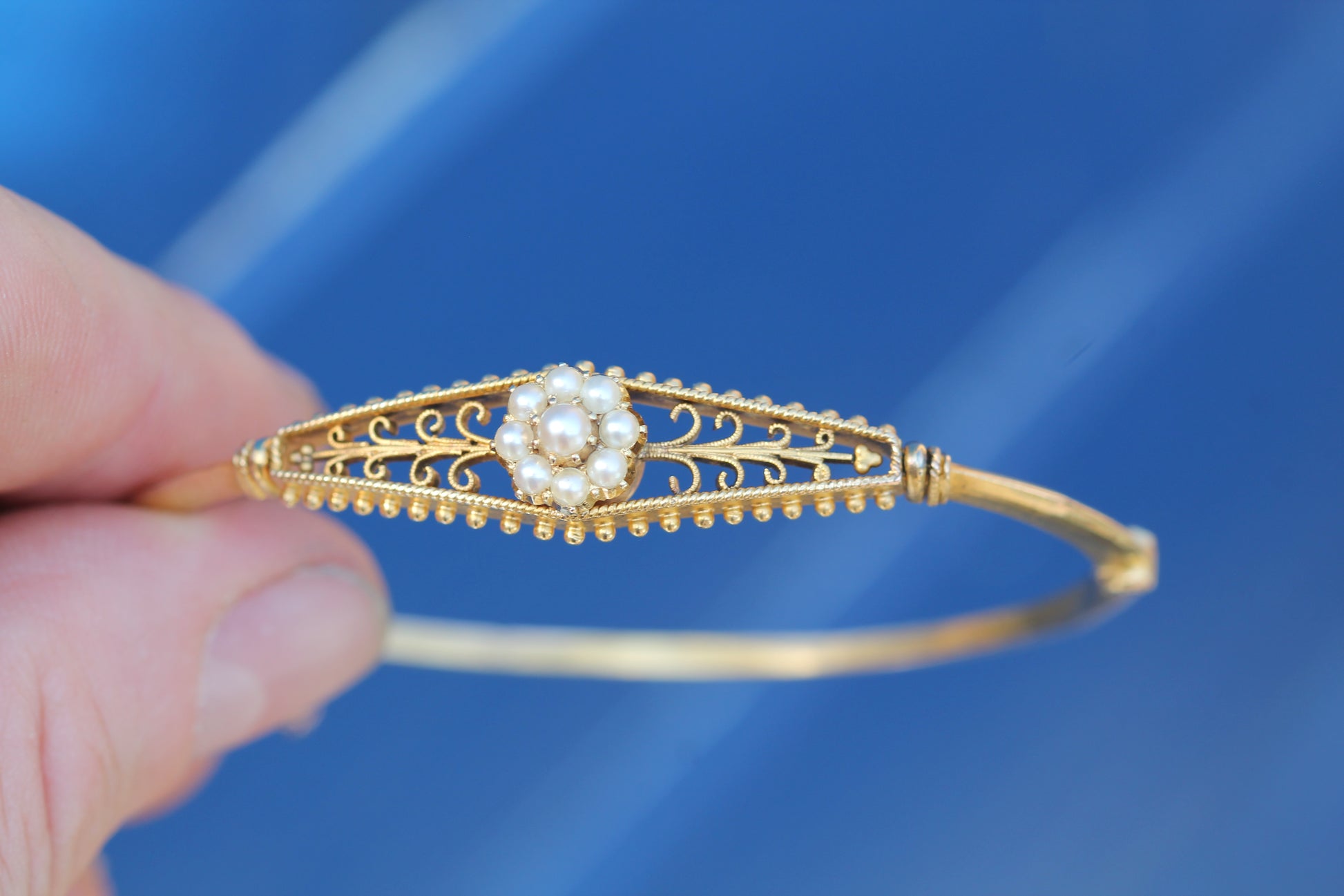 Antique Edwardian 15ct Gold Pearl Cluster Bangle | Original Box c.1905 — view 14
