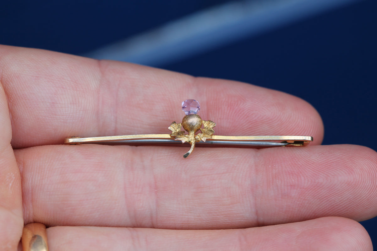 Antique Scottish thistle brooch with faceted pale amethyst