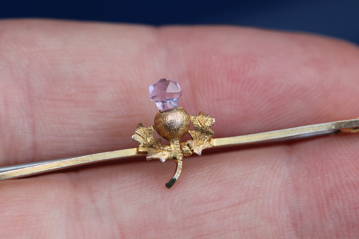 Antique 9ct Gold & Amethyst Scottish Thistle Brooch — view 3